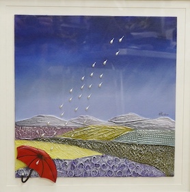 Stella Parslow (b.1950), Contemporary oil and relief decorated canvas, Rainy landscape, signed, COA verso, 40 x 38cm
